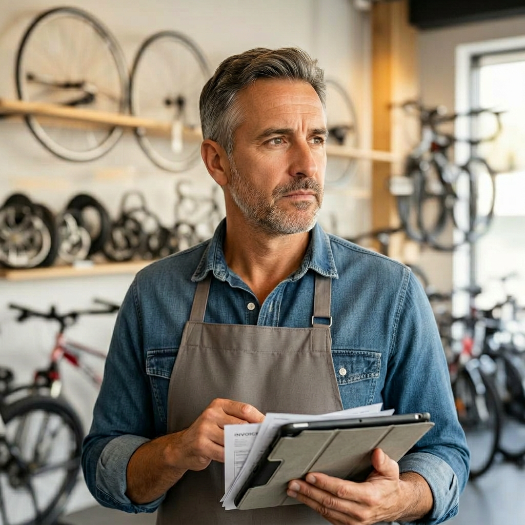 Inhaber eines Fahrrad-Fachhandels blickt nachdenklich auf Rechnungen und Tablet